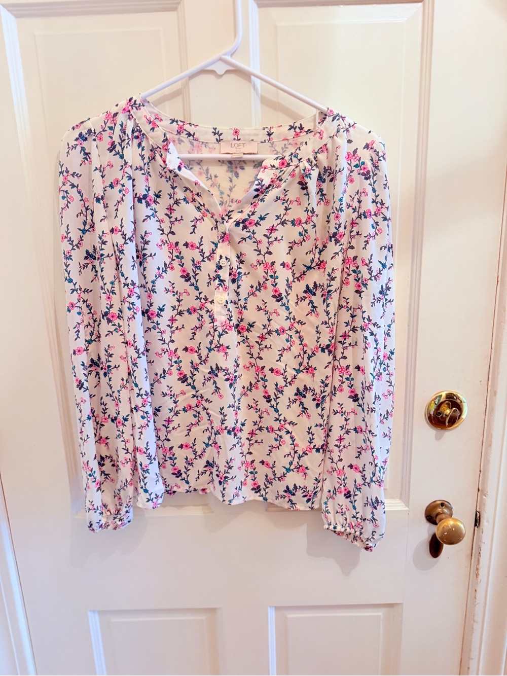 LOFT White Floral Button-Front Peasant Blouse